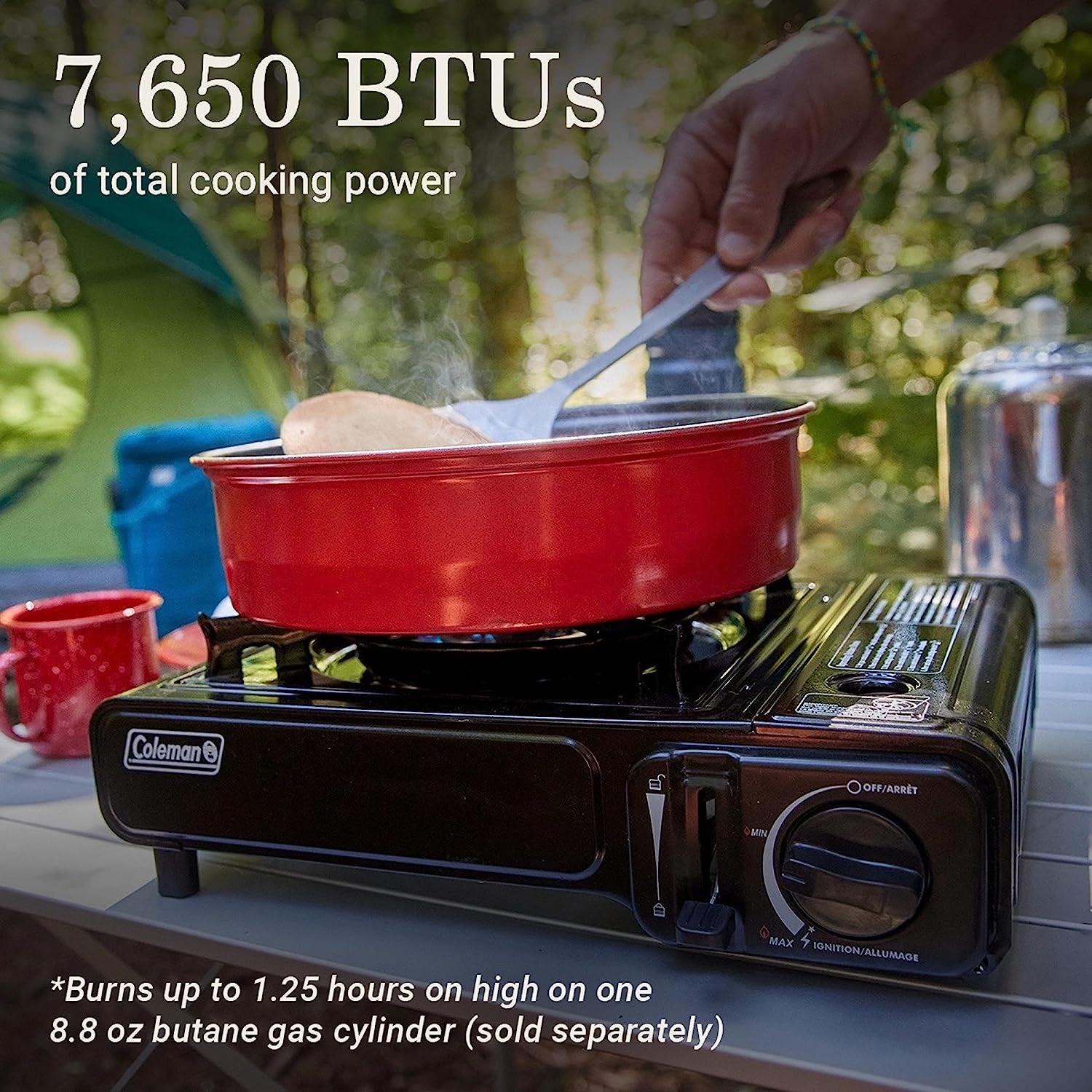 Classic Portable 1-Burner Butane Camping Stove with Push-Button Starter & Carry Case, 7,650 BTUs for Tailgating & Outdoor Cooking.