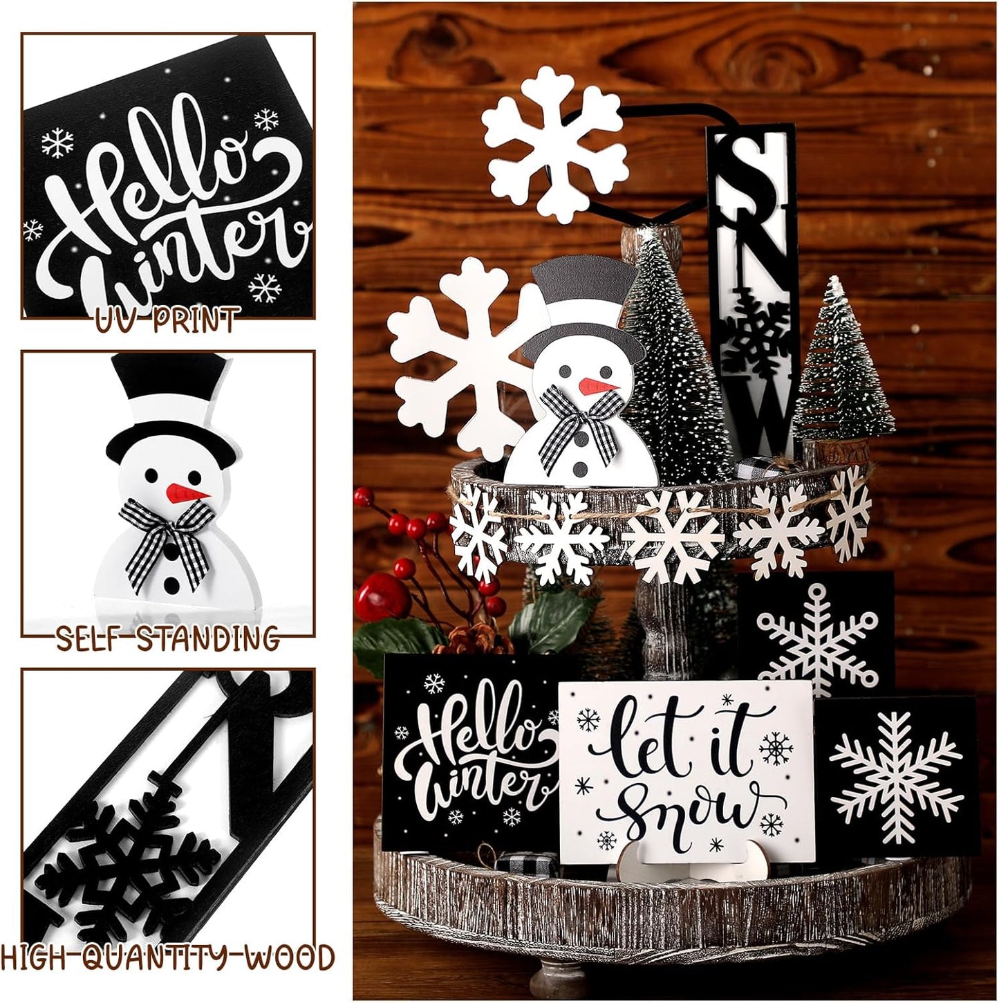 13 Pcs Christmas Tiered Tray Decor Winter Black and White Snowflake Table Wood Decor Snowman Wooden Sign Rustic Farmhouse Coffee Bar Signs Winter Tray Decor for Home Xmas Holiday Tabletop