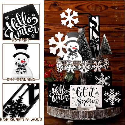 13 Pcs Christmas Tiered Tray Decor Winter Black and White Snowflake Table Wood Decor Snowman Wooden Sign Rustic Farmhouse Coffee Bar Signs Winter Tray Decor for Home Xmas Holiday Tabletop