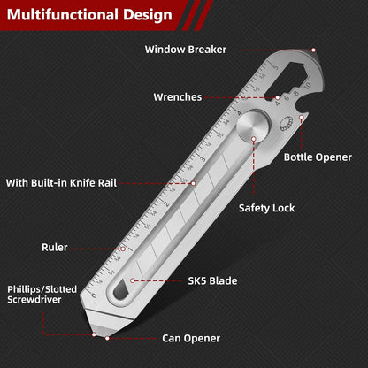 7-In-1 Mutipurpose Utility Knife, Stainless Steel Retractable Box Cutter, Heavy Duty Snap off Cutter Knife with 10PC 18MM SK5 Blades, Safety Lock Design
