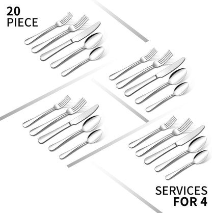 20 Piece Silverware Set,  Stainless Steel Flatware Cutlery Set, Kitchen Utensil Set Service for 4, Include Knife Fork Spoon, Mirror Polished, Dishwasher Safe