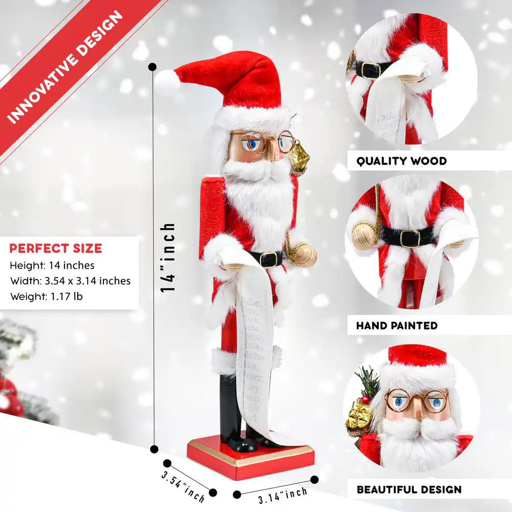 14 In. Wooden Christmas Santa Nutcracker Santa in Traditional Attire W/ a Bag of Gifts on His Shoulder and List of Names