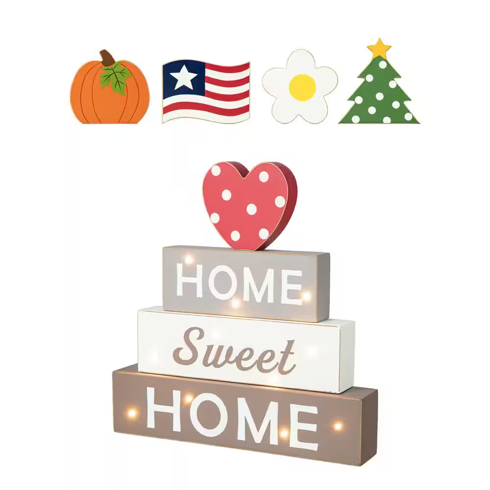 12.75 In. H Lighted Wooden Block Word Sign, W/5 Changeable Top Decors (Spring/Valentine/Patriotic/Fall/Christmas)