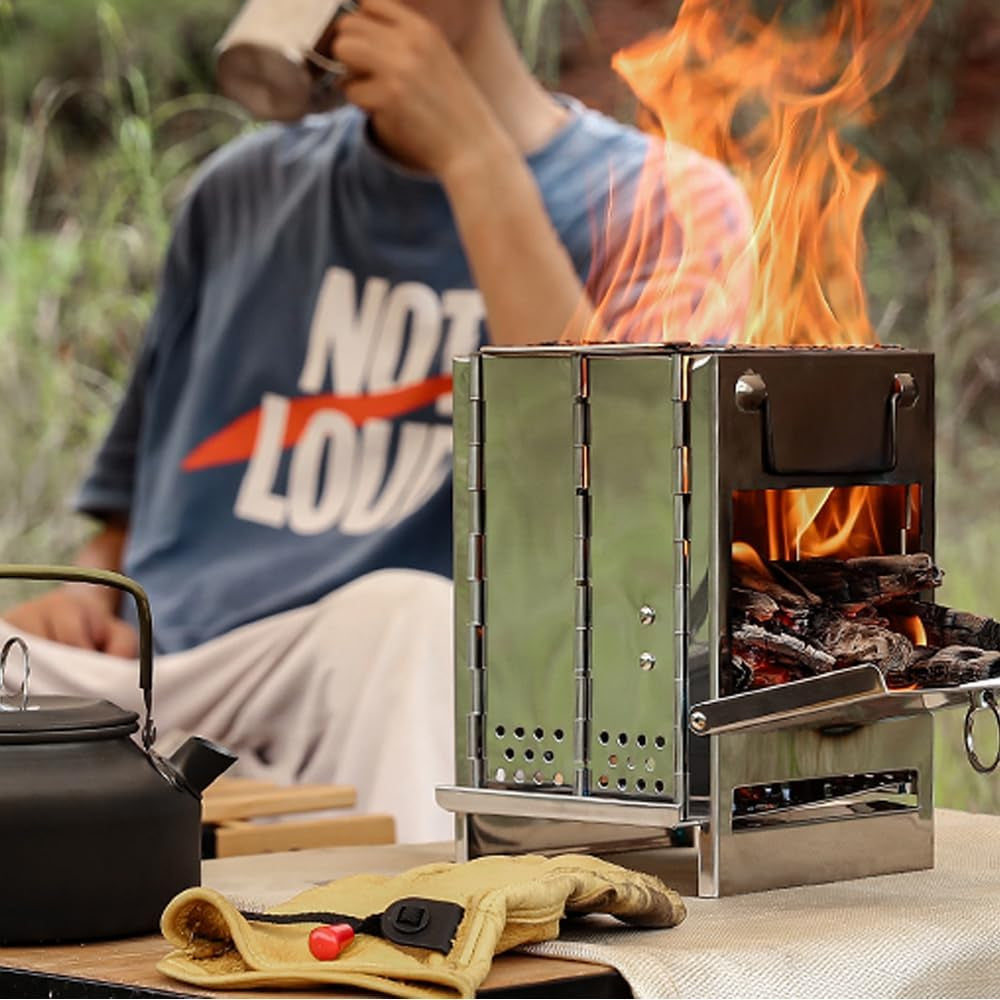 Portable Folding Wood Burning Camp Stove, Lightweight Stainless Steel for Hiking, BBQ, & Backpacking.