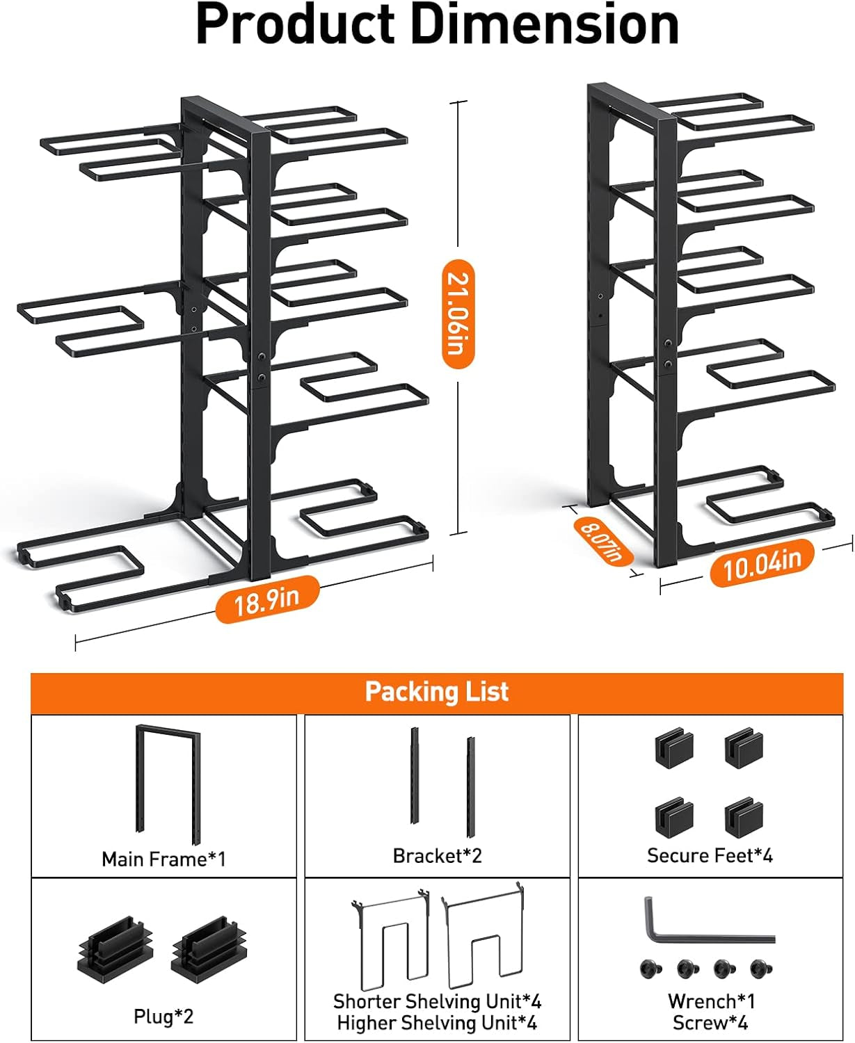 Pots and Pans Organizer: under Cabinet, 21" Height Heavy Duty 120LBS Pots Pans Organizer Rack for under Cabinet 8-Tier Adjustable for Big Stockpots, Dutch Ovens, Cast-Iron Pans, Heavy Cookware