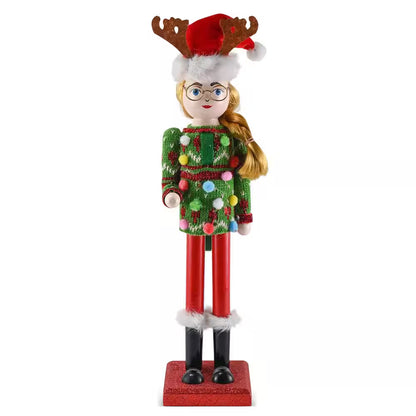 15 In. Wooden Christmas Ugly Sweater Nutcracker -Red and Green Nutcracker Girl with an Ugly Sweater and Reindeer Hat