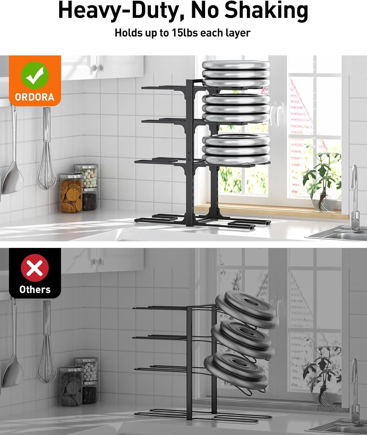 Pots and Pans Organizer: under Cabinet, 21" Height Heavy Duty 120LBS Pots Pans Organizer Rack for under Cabinet 8-Tier Adjustable for Big Stockpots, Dutch Ovens, Cast-Iron Pans, Heavy Cookware