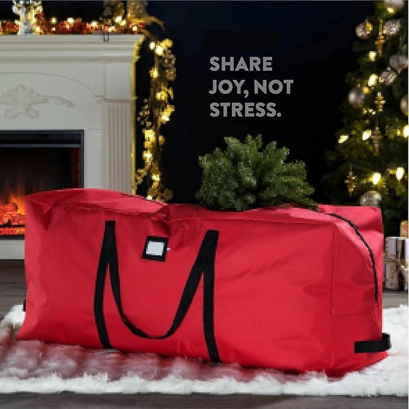 Extra Large 9Ft Christmas Tree Bag - Durable 600D Oxford Material, Reinforced Handles & Dual Zipper, with ID Card Slot - Ideal Christmas Tree Storage Solution for Tree & Decorations Red