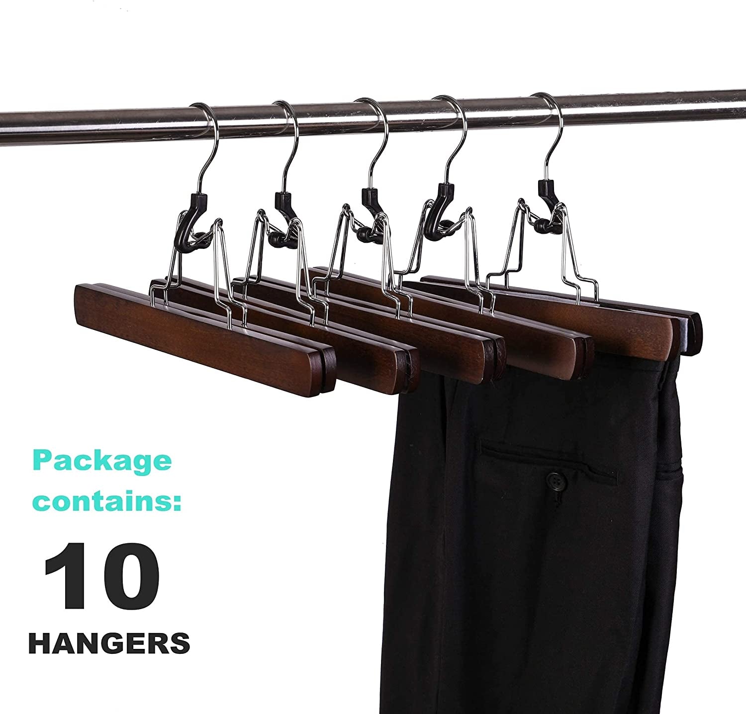 10-Pack Walnut Wooden Pants Hangers with Non-Slip Padded Velvet Clamps for Skirts, Trousers, and Wigs