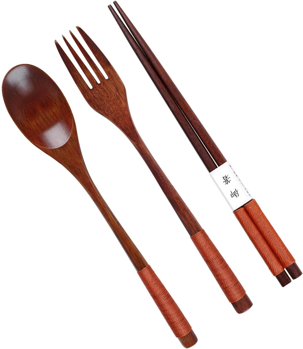 Wooden Flatware Set, 8.8""Chopsticks Spoon Fork Flatware Tableware Cutlery Set Travel Utensils Tied Line Reusable Flatware for Camping,Picnic,Office or Home, Khaki Binding