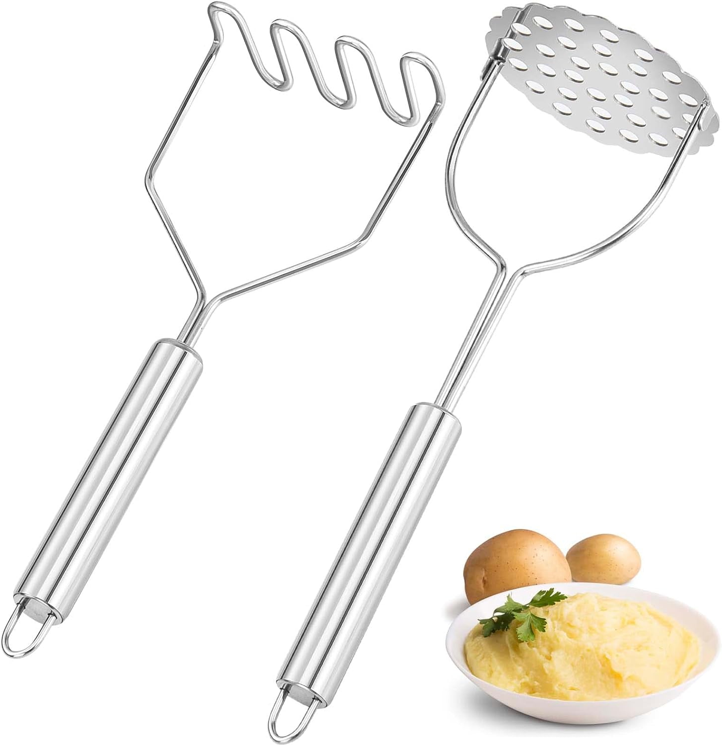 2 Pcs Potato Masher, Heavy Duty Stainless Steel Integrated Masher Kitchen Tool Wire Masher for Potatoes, Avocados, Beans, Fruit & Vegetables