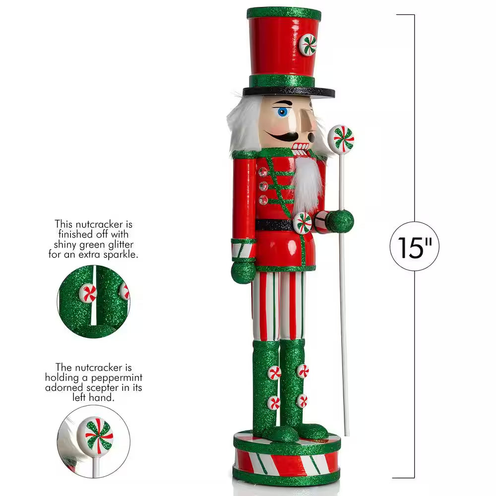 15 In. Wooden Peppermint Christmas Nutcracker -Red, White and Green Glitter Candy Holiday Nutcracker Toy Soldier