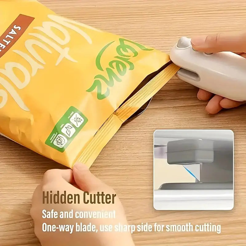 Mini Bag Sealer, 2 in 1 Chip Bag Sealer with Cutter, Rechargeable Bag Sealer Heat Seal, Portable Resealer Machine for Plastic Bags Food Storage Snacks Freshness