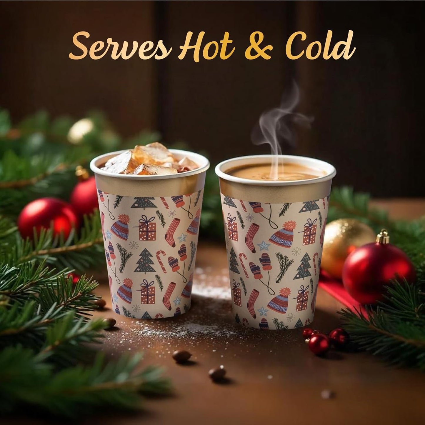 Disposable Paper Coffee Cups, Bulk 50-Pack, Christmas Party Supplies Treat Cups, 12 Oz Hot and Cold Cups for Restaurants and Parties, Christmas Items, Gold Foil