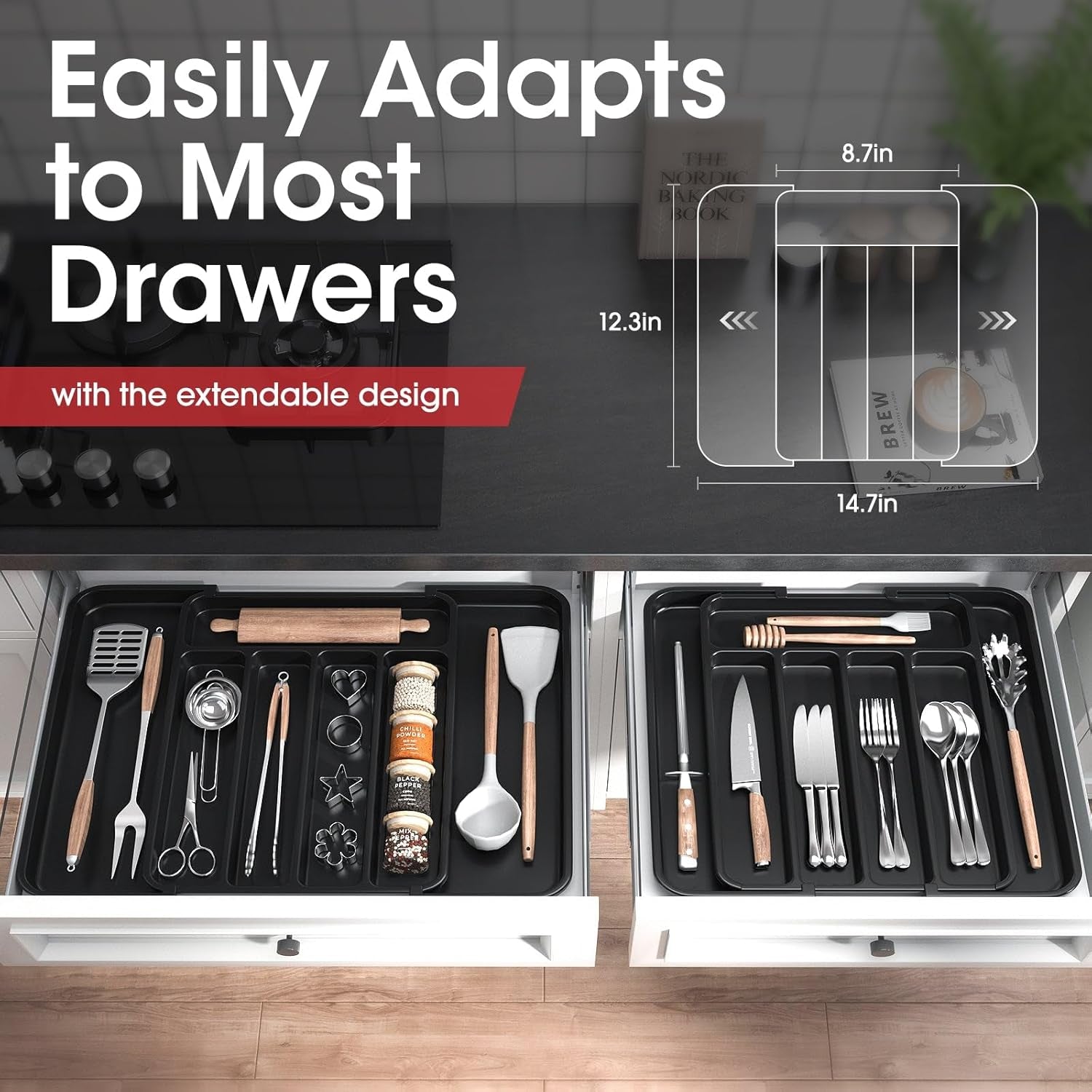 Silverware Organizer - Expandable Kitchen Drawer Organizer, Adjustable Utensil Organizer, Cutlery Drawer Organizer for Forks, Knives, Multipurpose Kitchen Organizers and Storage Solution, Black