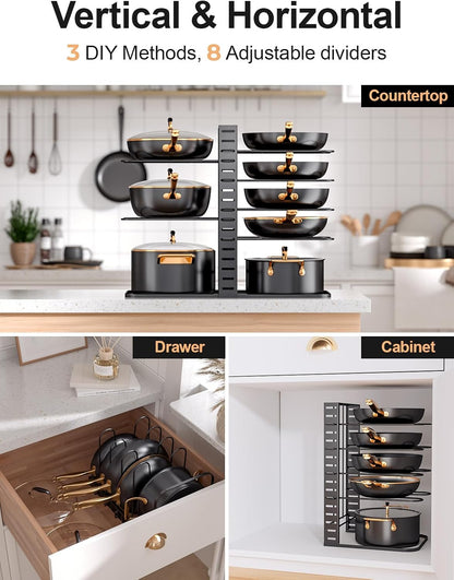 Pots and Pans Organizer : Rack under Cabinet, 8-Tier Kitchen Cabinet Organizers and Storage, Light-Duty Adjustable Pot Racks, Pan Organizers inside Cabinet with 3 DIY Methods