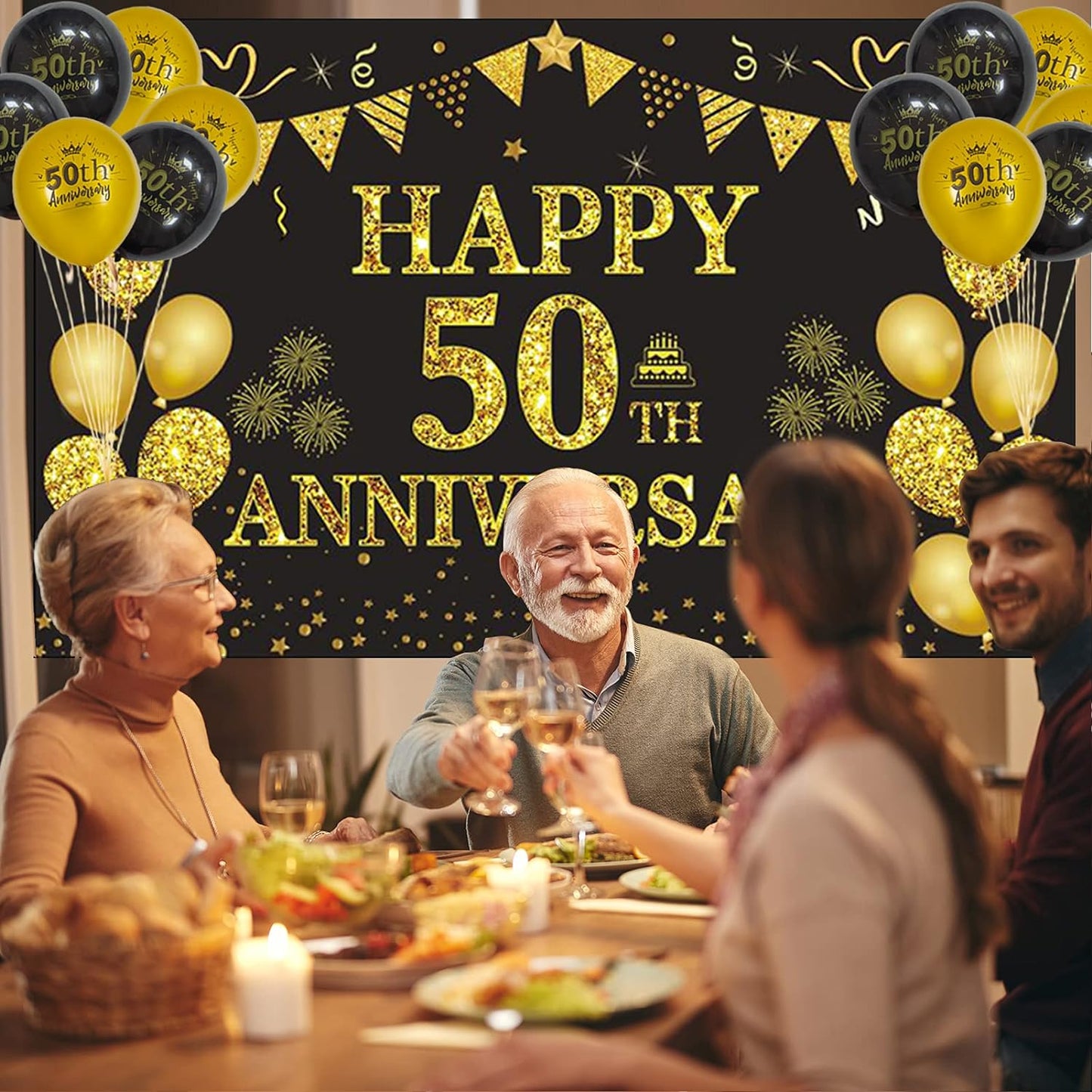 50Th Wedding Anniversary Decorations, Large Happy 50Th Anniversary Banner Backdrop 70 X 43 Inches, Black and Gold Party Balloons, Hanging Swirls for Indoor Outdoor Home Wall Party Supplies