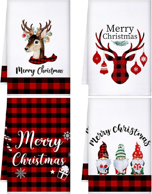 4 Pcs Christmas Kitchen Towels Christmas Hand Towels Dish Towels Xmas Tree Elk Towels Winter Holiday Absorbent Buffalo Plaid Tea Towels for Housewarming Gifts(Red and Black,Elk, Gnome)