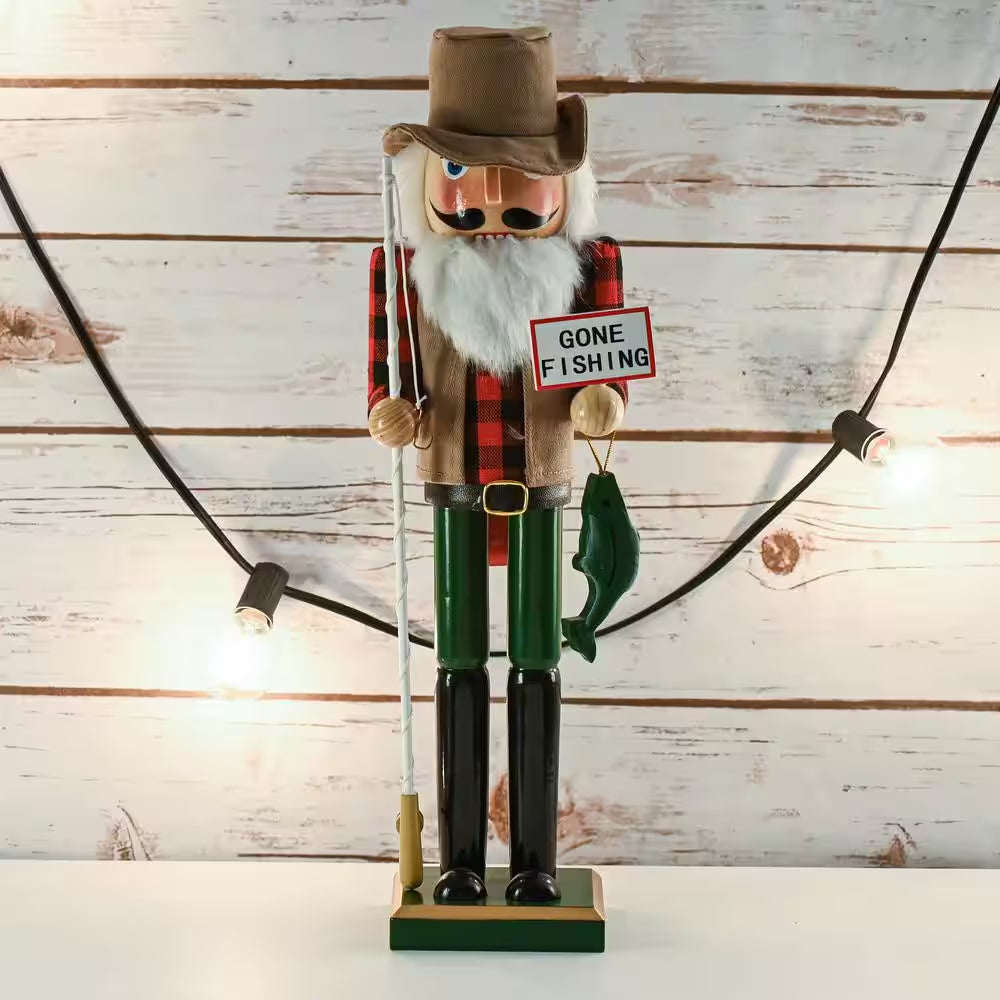 15 In. Wooden Christmas Fisher Man Nutcracker - Red and Green Fisherman Nutcracker with Fishing Rod and Fish in Hand