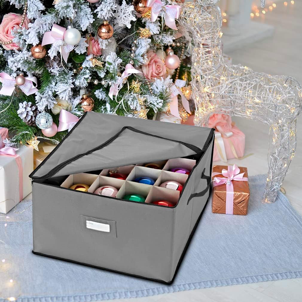 Holiday Ornament Storage Box Organizer Chest, with 3 Trays Holds up to 75 Ornaments Balls, with Dividers to Organize (Grey)