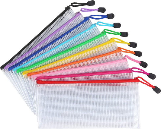 10 Pack Mesh Zipper Pouch Document Waterproof Zip File Bags Plastic Pencil Pouches A6 Size for Classroom Organization School Office Supplies(Colorful)