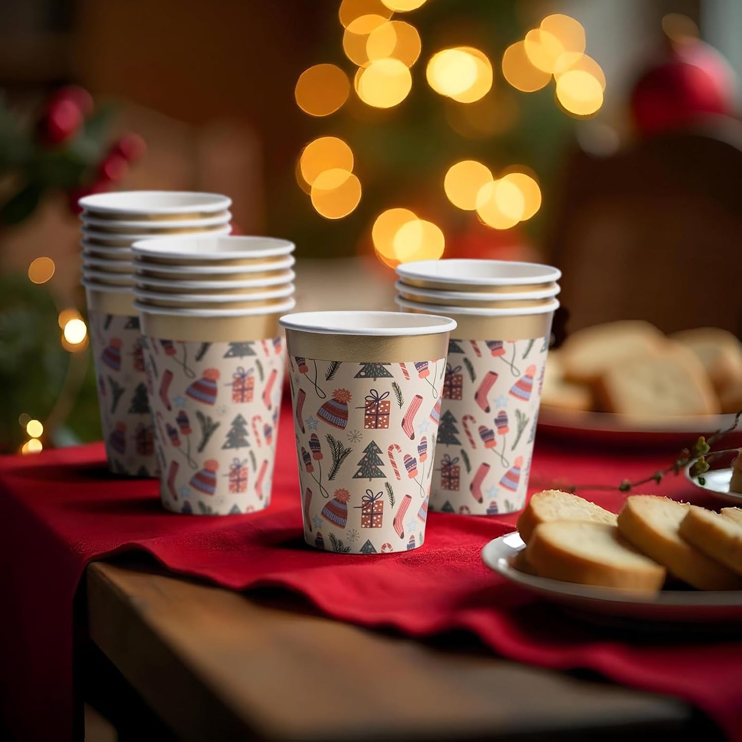 Disposable Paper Coffee Cups, Bulk 50-Pack, Christmas Party Supplies Treat Cups, 12 Oz Hot and Cold Cups for Restaurants and Parties, Christmas Items, Gold Foil