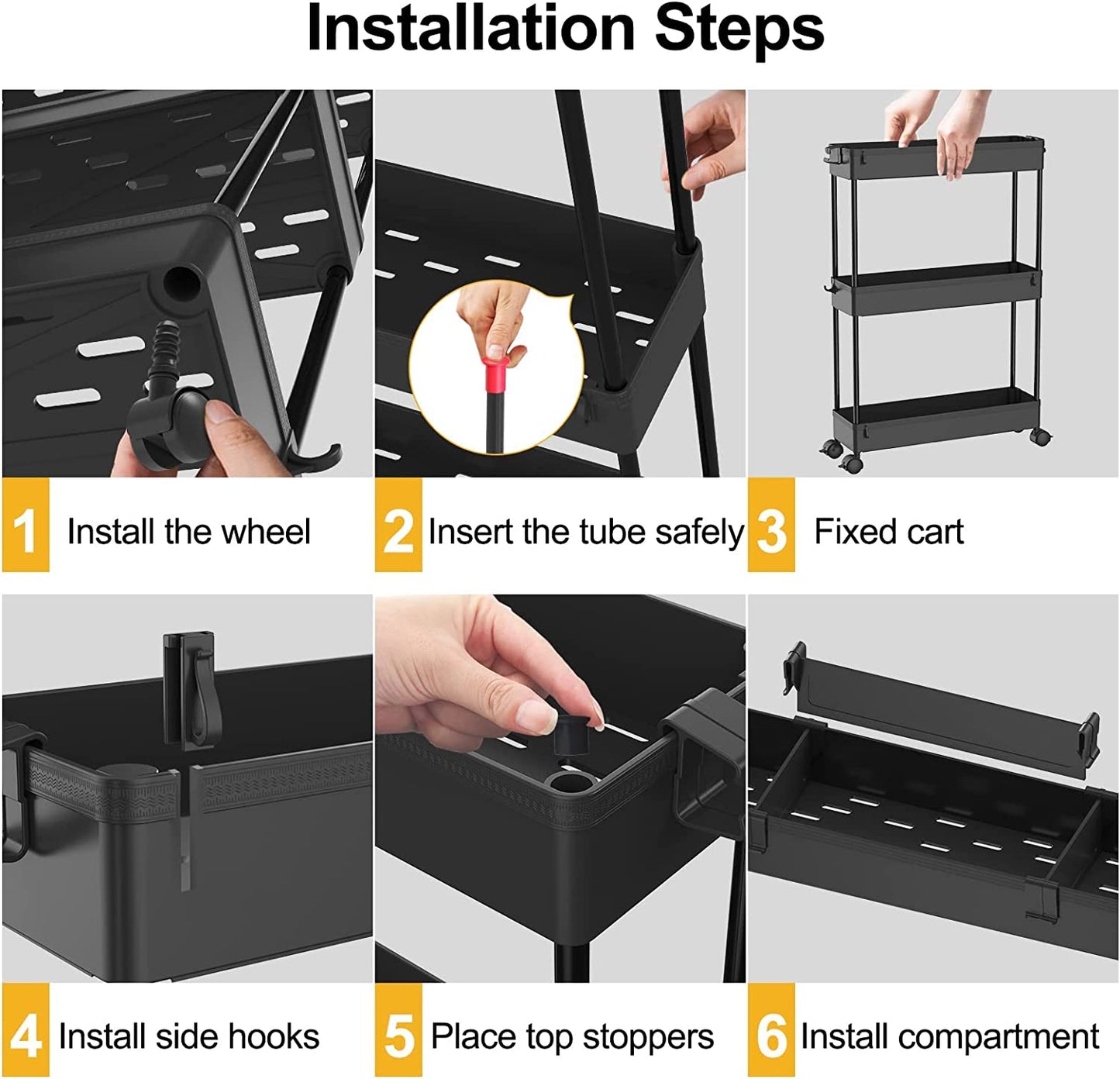 Slim Storage Cart 4 Tier, Storage Organizer Rolling Utility/ Mobile Shelving Unit Slide Out Storage Cart for Office, Bathroom, Kitchen, Laundry Room & Narrow Places， Black