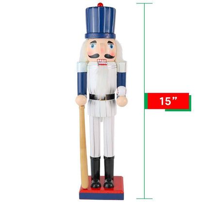 15 In. Wooden Baseball Nutcracker - Baseball Player with White Pin Stripe Uniform and Bat Holiday Decor Nutcracker