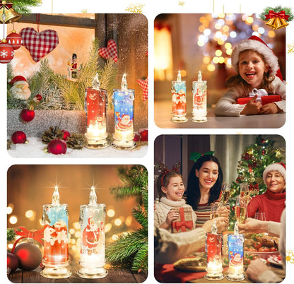 Christmas Flameless Candles with Santa Claus, Snowman,Decals Set of 4, Battery Operated Christmas Themed LED Candles for Festival Gift Christmas Decorations