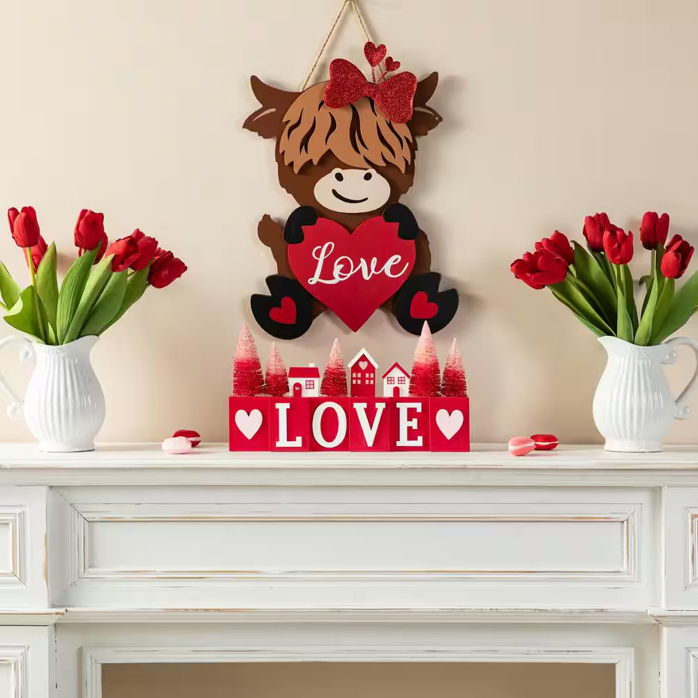 7.50 In. H Valentine'S Wooden House/Brush Trees LOVE Table Decor