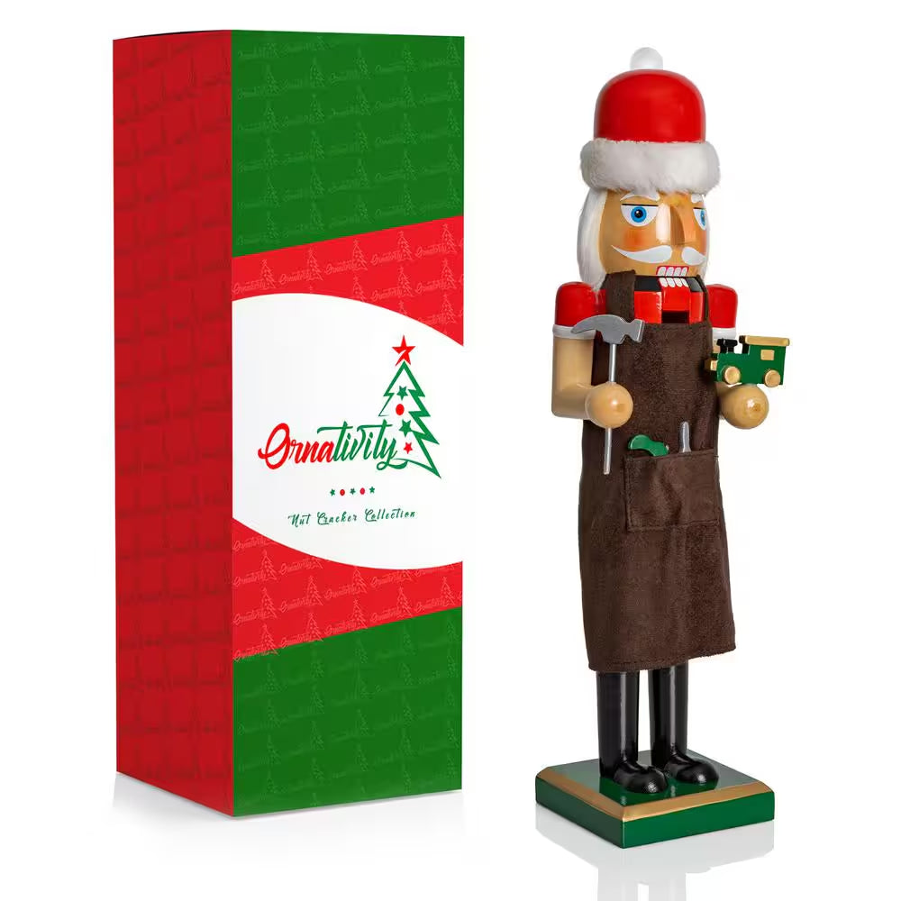 15 In. Wooden Christmas Toy Maker Nutcracker-Red and Green Wood Nutcracker with Brown Apron, Toy Car and Hammer-Holiday