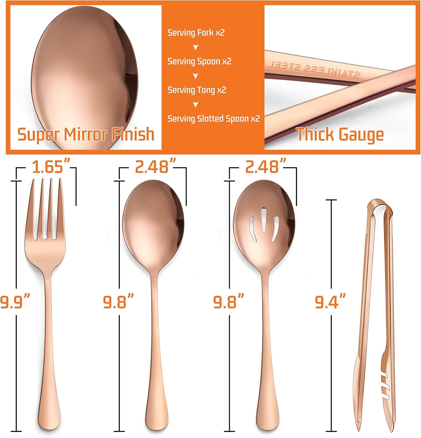 Large Copper Serving Utensils Set of 8,  Stainless Steel 9.8 Inch Serving Spoons Slotted Spoon, 9.9 Inch Serving Forks, 9.4 Inch Serving Tong for Buffet Catering, Mirror Finish & Dishwasher Safe