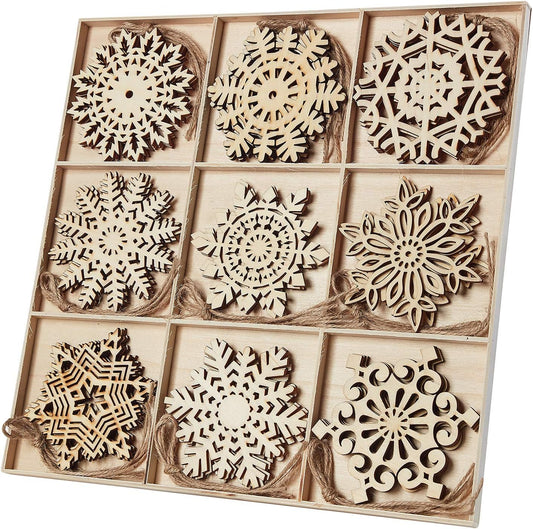 27Pcs Wooden Snowflakes Shaped Embellishments Hanging Ornaments for Christmas Decoration