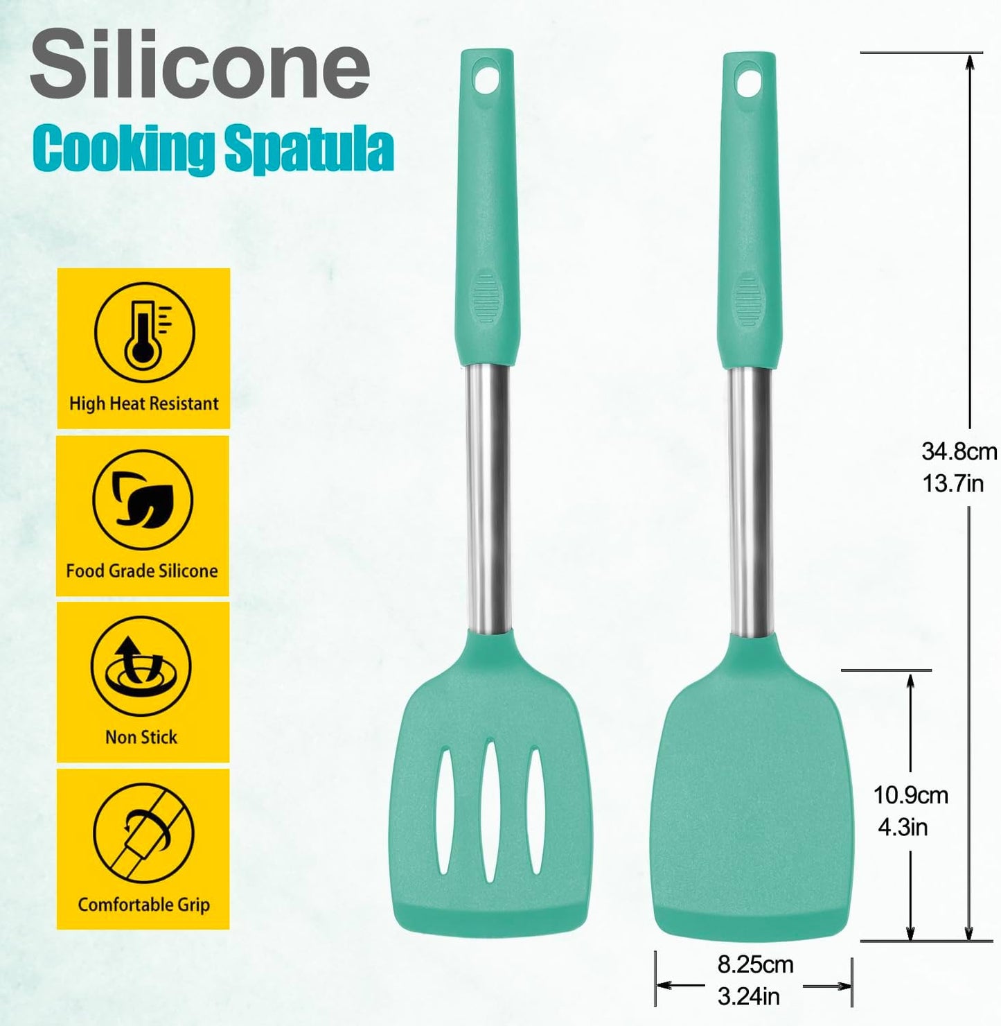 Professional Silicone Spatula Set - 2 Pack, Solid & Slotted Design with Stainless Steel Handles, Heat Resistant Non-Stick Turners for Cooking Fish, Eggs, Pancakes, and Wok - Teal