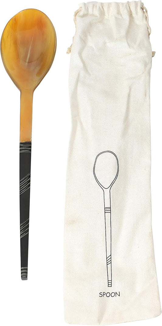 Horn Serving Spoon in Printed Drawstring Bag Tableware, 10"L X 2"W X 0"H, Brown