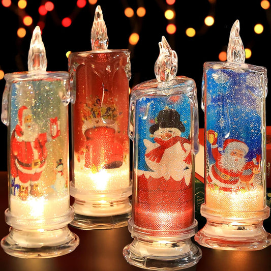 Christmas Flameless Candles with Santa Claus, Snowman,Decals Set of 4, Battery Operated Christmas Themed LED Candles for Festival Gift Christmas Decorations