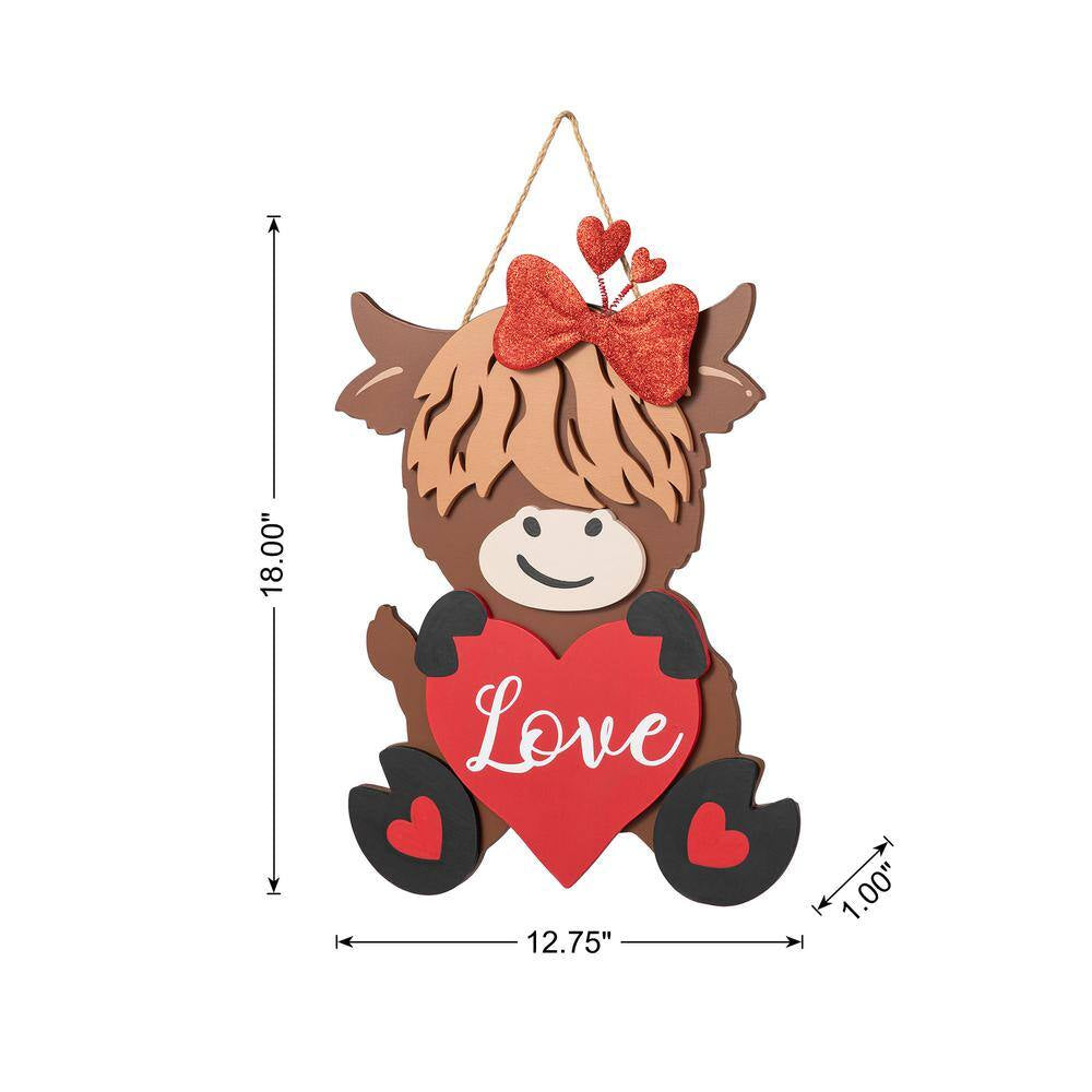 18 In. H Valentine'S Wooden Highland Cow with Heart Door Hanger