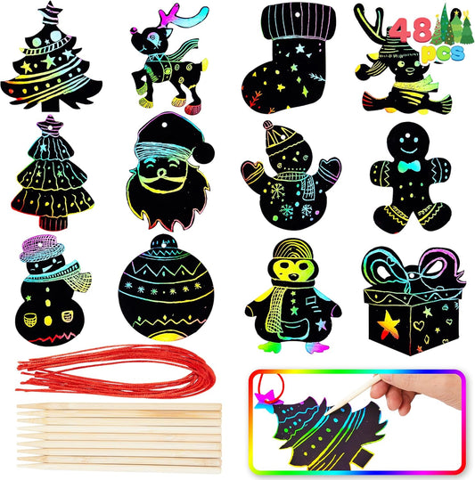 72 Pcs Christmas Scratch Art Ornaments, Rainbow Color Scratch Paper Craft Kit Include Snowman, Christmas Tree, and Reindeer, Scratch off Hanging Ornament for Kids Party Favor