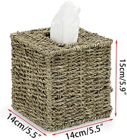 Sumnacon Square Seagrass Tissue Box Cover - Vintage Cube Woven Tissue Box Holder, Decorative Tissue Holder for Living Room Bedroom Bathroom Vanity Dresser Table Countertop Home Office Decor