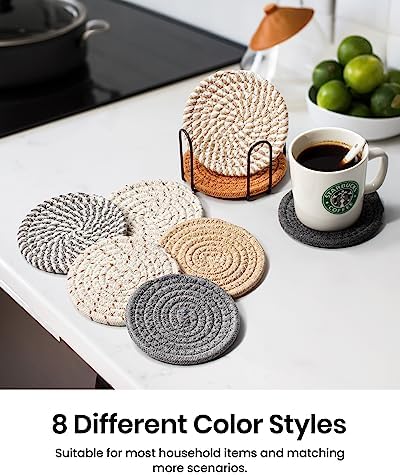 8 Pcs Drink Coasters with Holder, 8 Colors Absorbent Coasters for Drinks Minimalist Cup Coasters Cotton Coaster Set Woven Coasters for Coffee Table Home Decor Bar Housewarming Gift, 4.3 Inch