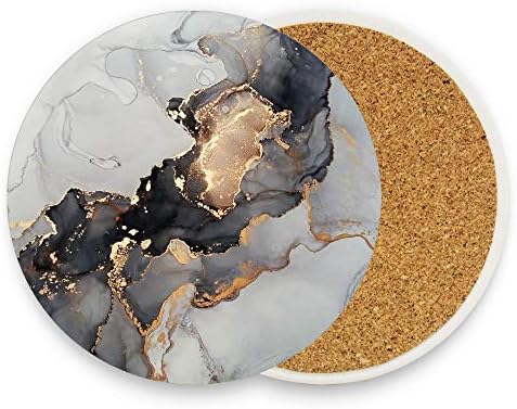 Coasters for Drinks Set of 2 Pieces Absorbent Ceramic Coasters with Cork Base, ﻿Abstract Fluid Marbling Coffee Coaster Great Gift for Table, Housewarming, Birthday, Kitchen, Home Decor