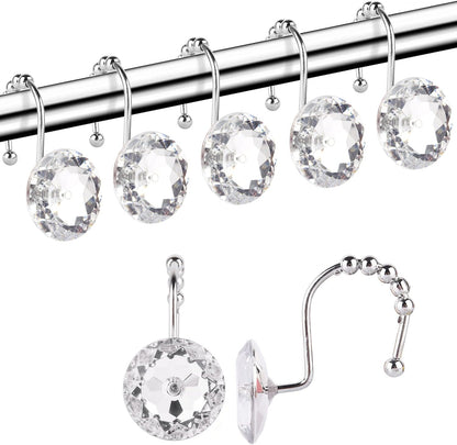 Elegant Crystal-Accented Shower Curtain Hooks - Set of 12 Rust-Proof Stainless Steel Rings with Round Rhinestones for Bathroom Decor (Clear)