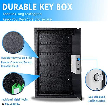UMEKEN Key Box Wall Mount 60 Position Valet Digital Key Cabinet Lock Box with Code, Electronic Key Holder Lockbox with Key Tags, Key Organizer Locker Box, Black, 12" x 3.94" x 19.69"