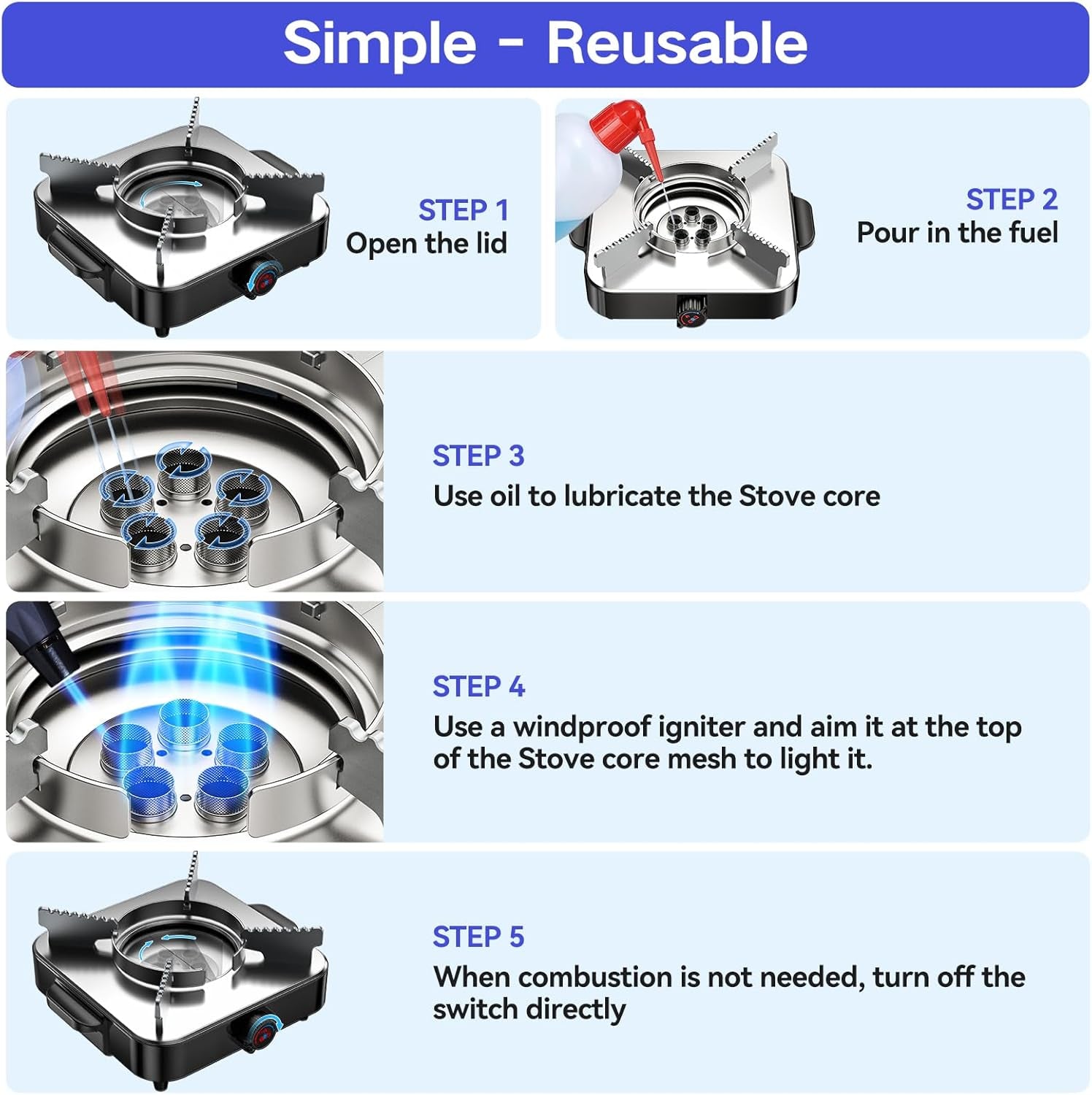 Portable Camping Alcohol Stove Kit, 5 Fire Outlets, Stainless Steel with Windscreen for Camping, Hiking, Backpacking & Emergency Use.