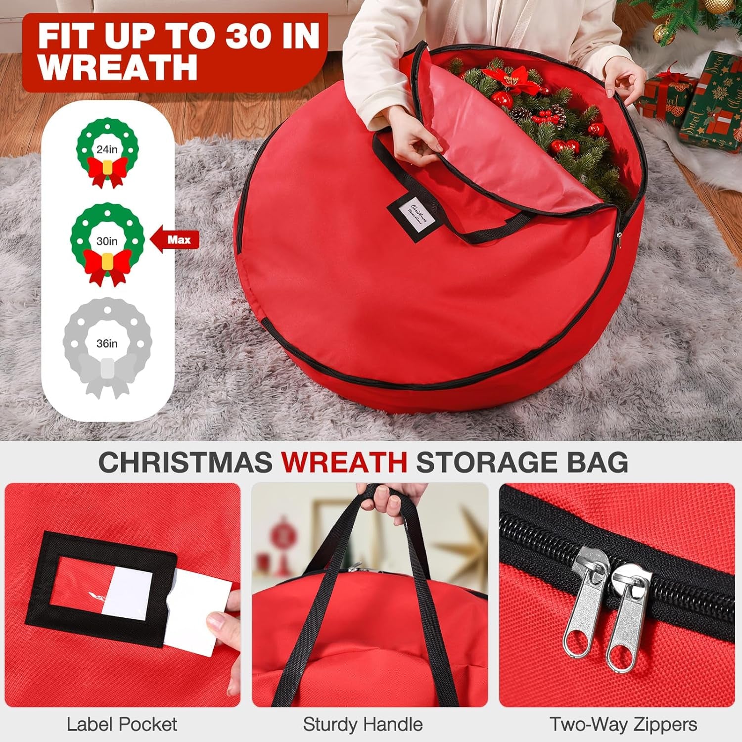 3 Pack Christmas Tree Storage Bag, for 7.5 Ft Artificial Trees Up, Durable Waterproof with Reinforced Carrying Handles, Xmas Holiday Garland Bag Storage Case (7.5 Ft, Red)