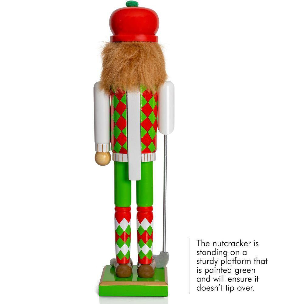 15 In. Wooden Golf Player Christmas Nutcracker-Red and Green Golfer with Club and Ball Holiday Nutcracker Figure Decor