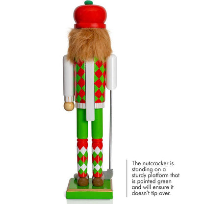 15 In. Wooden Golf Player Christmas Nutcracker-Red and Green Golfer with Club and Ball Holiday Nutcracker Figure Decor