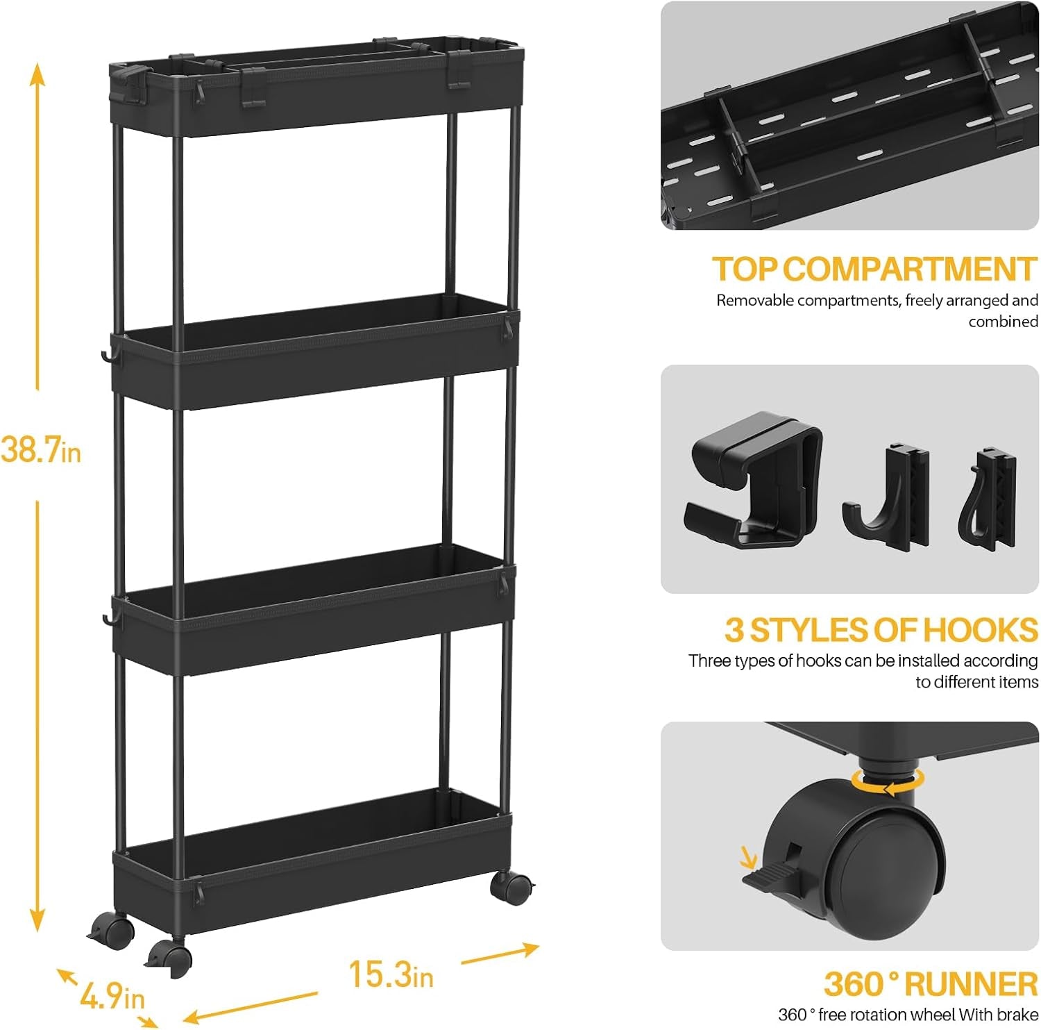 Slim Storage Cart 4 Tier, Storage Organizer Rolling Utility/ Mobile Shelving Unit Slide Out Storage Cart for Office, Bathroom, Kitchen, Laundry Room & Narrow Places， Black