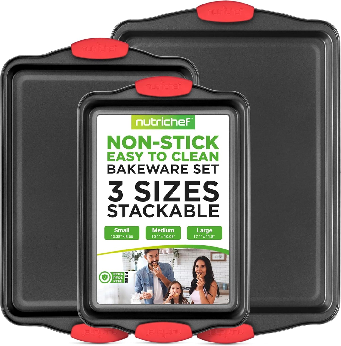 3-Piece Nonstick Kitchen Oven Baking Pans - Premium & Stylish Non-Stick Steel, Commercial Grade Restaurant Quality Metal Bakeware with Red Silicone Handles - Easy to Clean, NCSBS3S