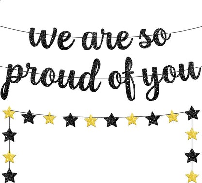 "Glitter 'We Are So Proud of You' Banner - 10 Feet | Elegant Congratulations Banner for Black and Gold Graduation Celebrations, Class of 2024"